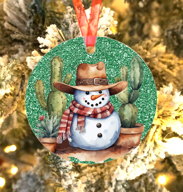 Cowboy Snowman in Green Ornament